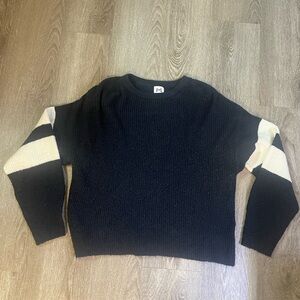 John Jenn Sweater Varsity Stripe High Neck Ribbed Long Sleeve Navy Size Medium